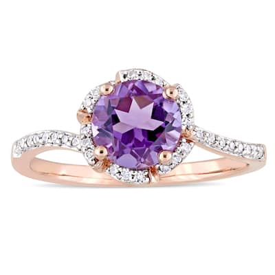 Miadora Signature Collection 14k Rose Gold Amethyst and 1/10ct TDW Diamond Flower Halo Ring - Purple