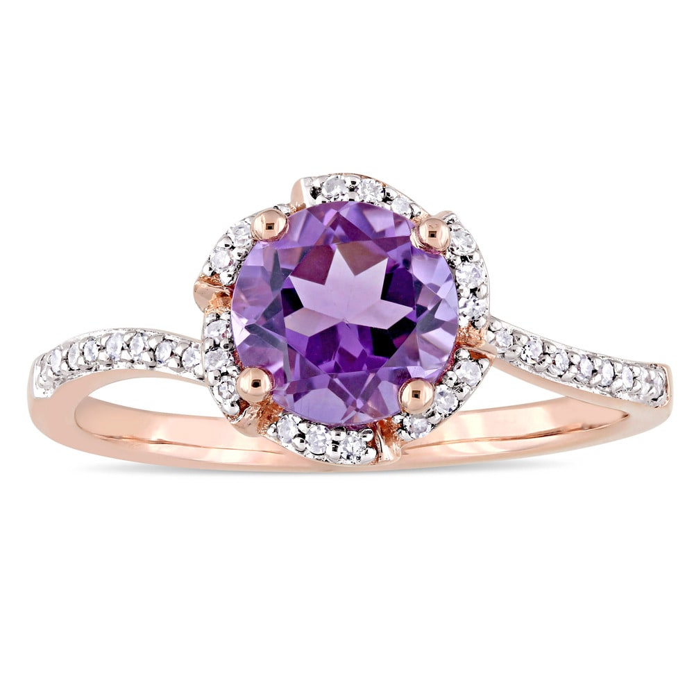 TEMEGO Black Gold Amethyst Purple CZ Halo Ring with Flower Design,Split Shank Engagement Ring,Size 6-9