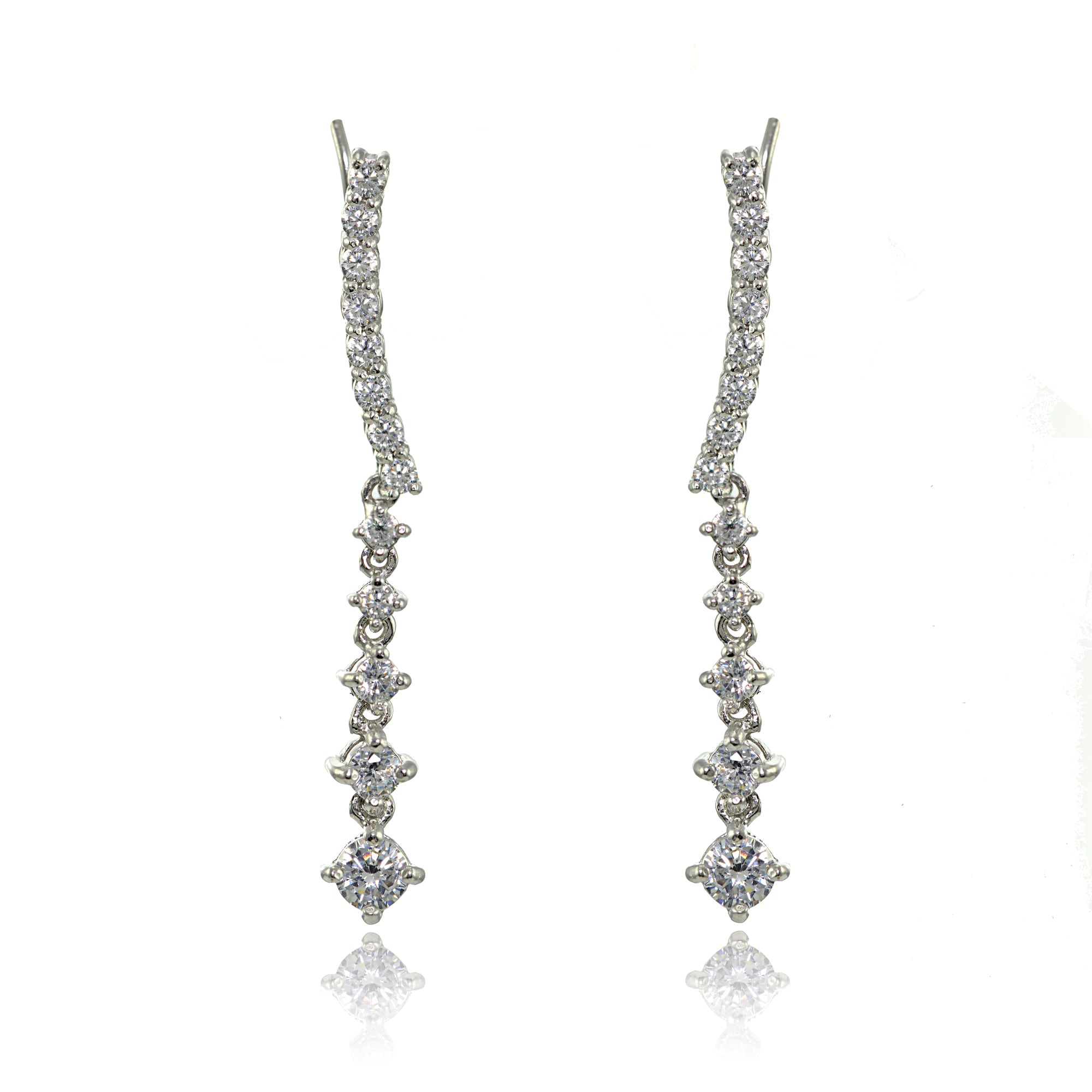 Round Cut White Cubic Zirconia Climbers Earrings In 14K White Gold Over Sterling Silver