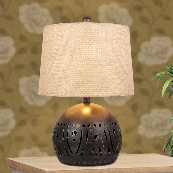 slide 2 of 2, 21-inch Brown Rustic Cut Metal Table Lamp with a Base Nightlight Feature