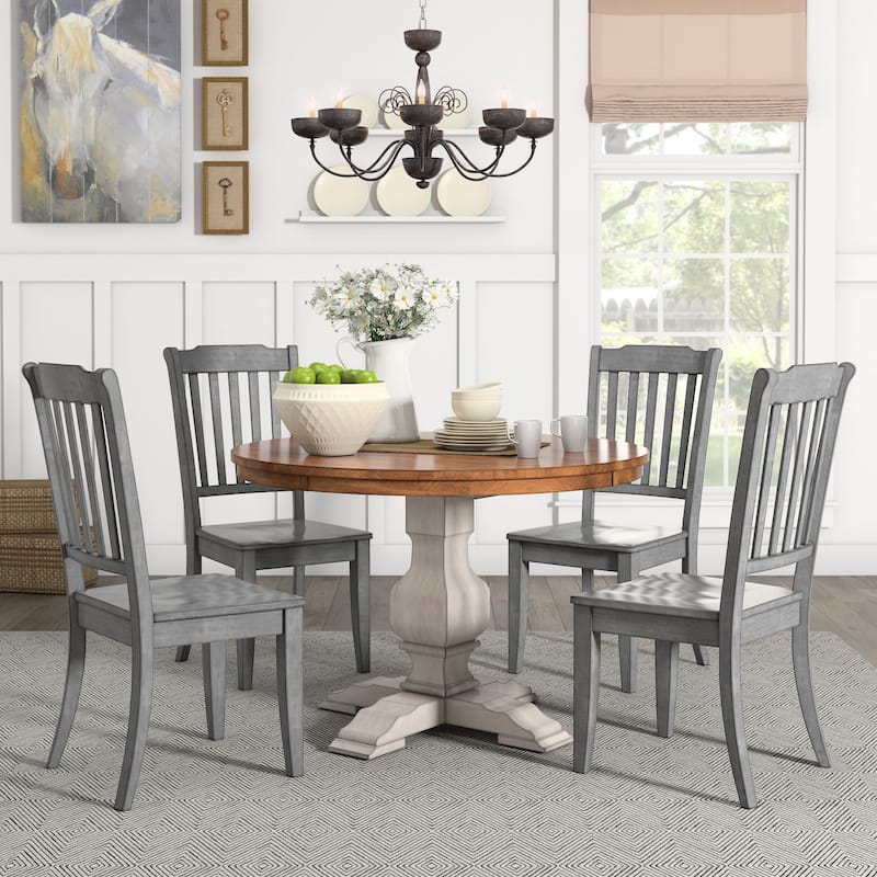 Eleanor Antique White Round Solid Wood Top 5-Piece Dining Set - Slat Back by iNSPIRE Q Classic - Antique White Table - Antique Grey Chairs
