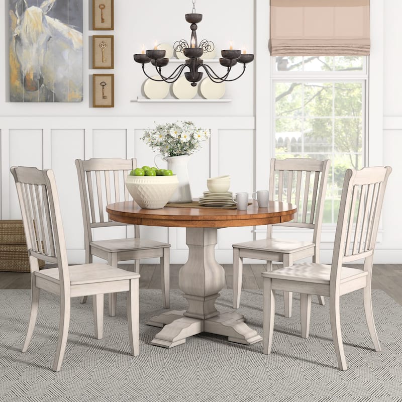 Eleanor Antique White Round Solid Wood Top 5-Piece Dining Set - Slat Back by iNSPIRE Q Classic