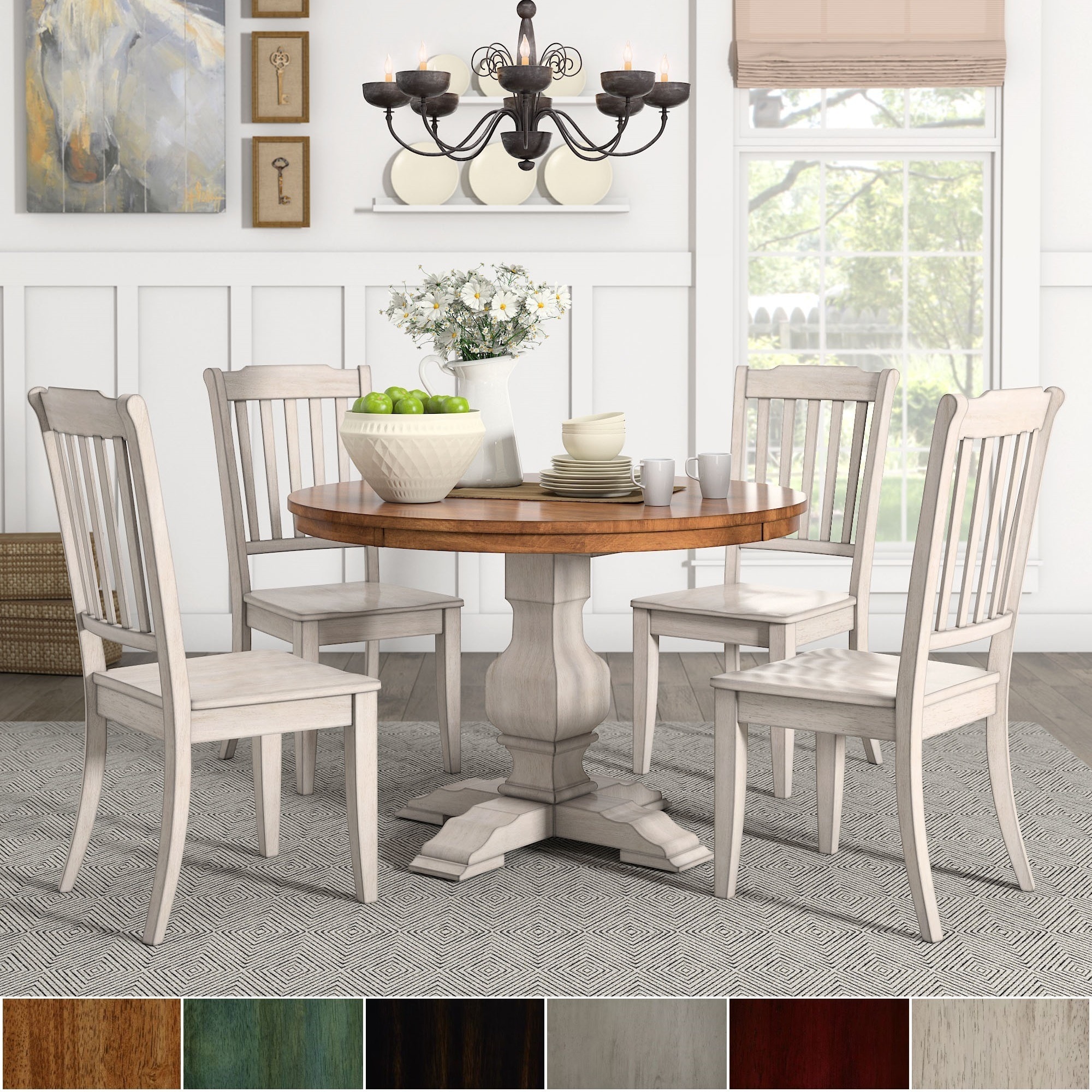 iNSPIRE Q Classic Eleanor Antique White Round Solid Wood Top 5-Piece Dining Set - Slat Back