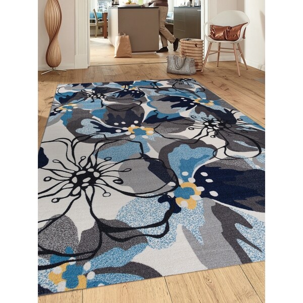 Modern Floral Grey/Blue Non-Slip Area Rug (7' 10 x 10') - 7'10" x 10'