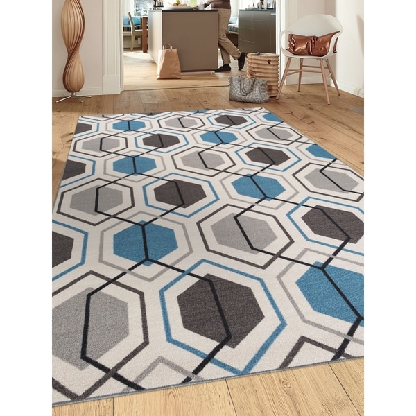 Contemporary Blue Geometric Stripe Non Slip Skid Area Rug 5 3 Contemporary Blue Geometric Stripe Non Slip Skid Area Rug 5