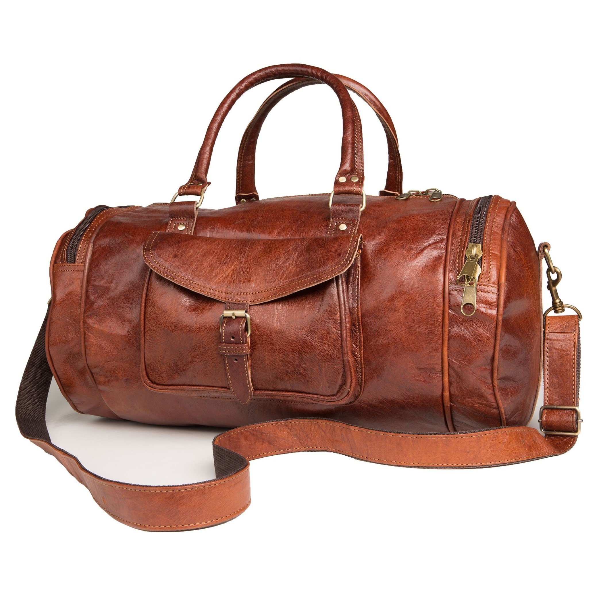 Handcrafted Round Moroccan Leather Duffel Bag Tan M