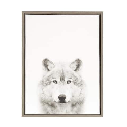 Kate and Laurel Sylvie Wolf Black and White Portrait Framed Canvas Wall Art by Simon Te Tai, 18x24 Gray