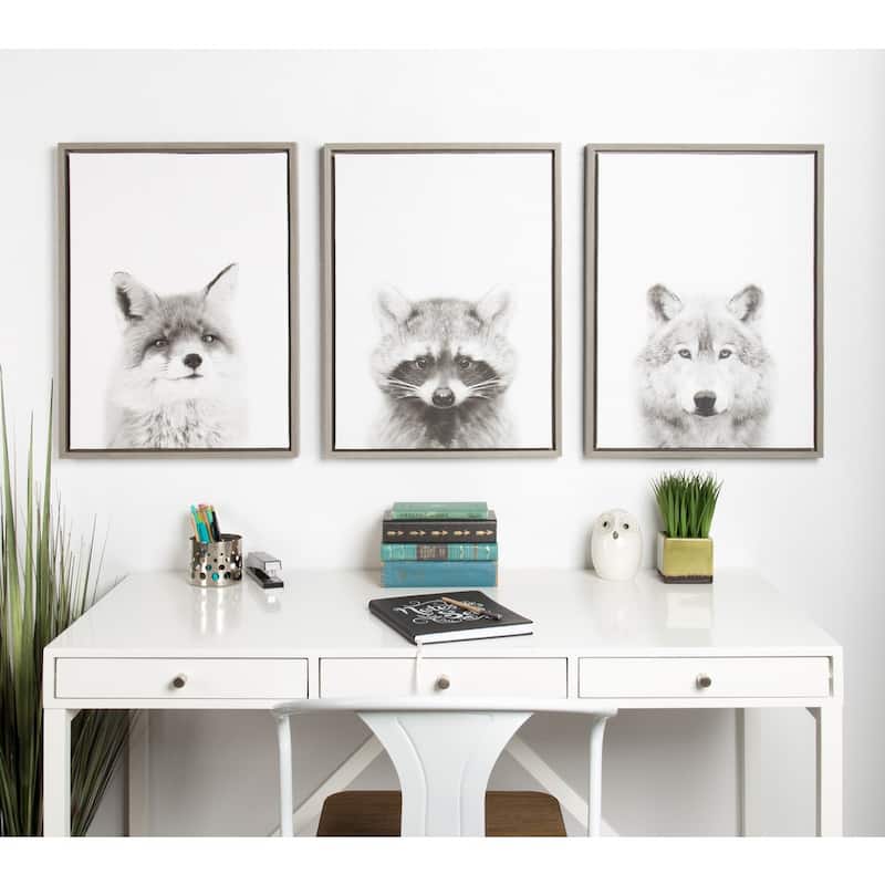 Kate and Laurel Sylvie Wolf Black and White Portrait Framed Canvas Wall Art by Simon Te Tai, 18x24 Gray