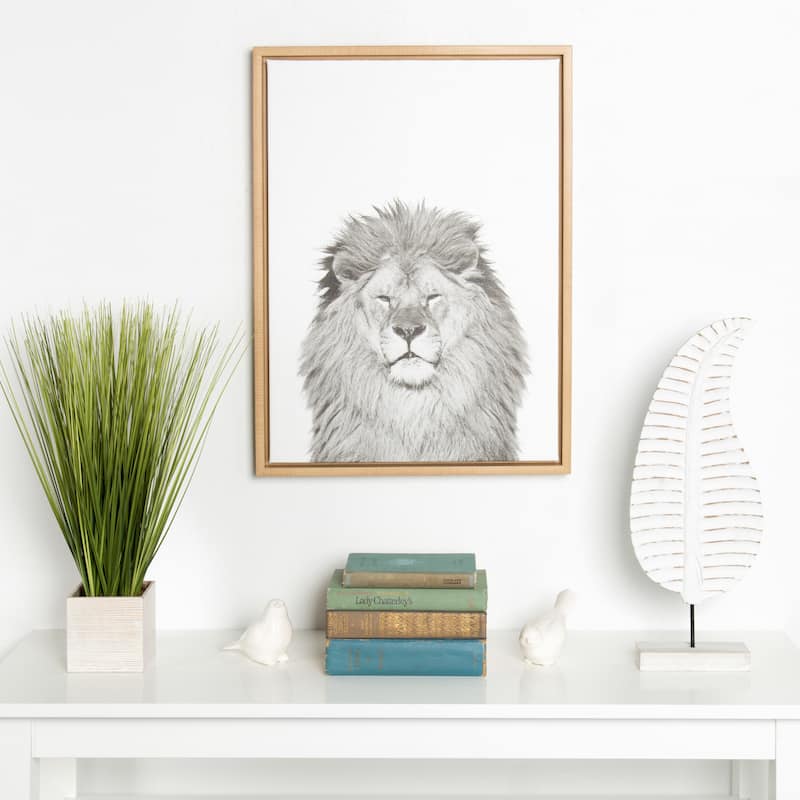Kate and Laurel Sylvie Lion Animal Portrait Framed Canvas Wall Art by Simon Te Tai, 18x24 Natural