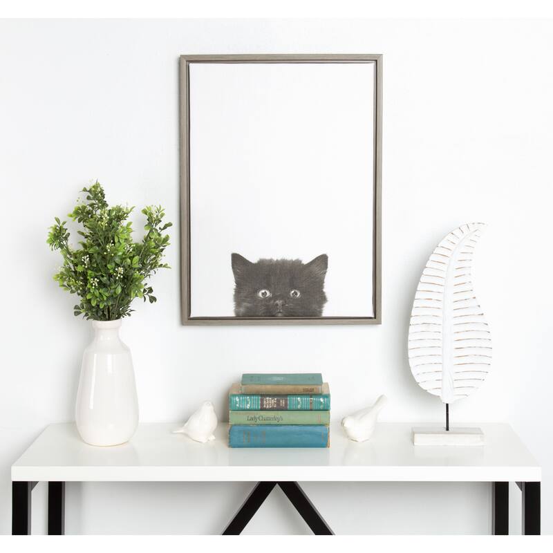 Simon Te Tai DesignOvation Sylvie Black Kitten Portrait Grey Framed Canvas Wall Art