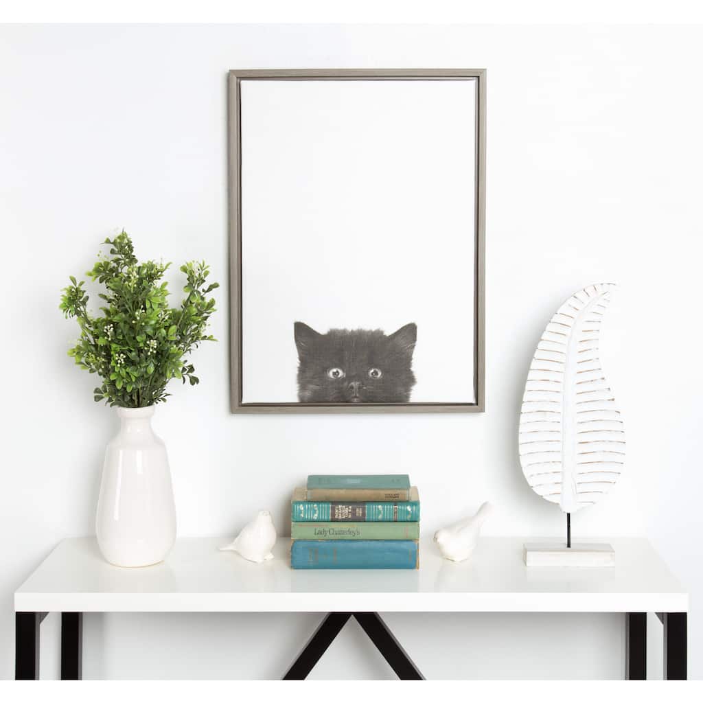Simon Te Tai DesignOvation Sylvie Black Kitten Portrait Grey Framed Canvas Wall Art