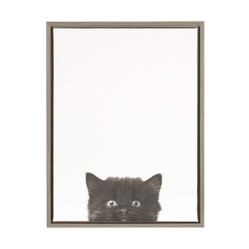 Simon Te Tai DesignOvation Sylvie Black Kitten Portrait Grey Framed Canvas Wall Art
