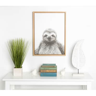 Kate and Laurel Sylvie Sloth Black and White Portrait Framed Canvas Wall Art by Simon Te Tai, 18x24 Natural