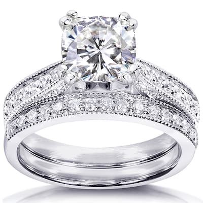 Annello by Kobelli 14k White Gold 1 2/5ct TGW Moissanite and Diamond Antique Style Bridal Rings Set
