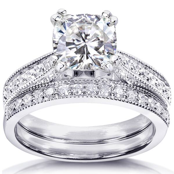 slide 1 of 4, Annello by Kobelli 14k White Gold 1 2/5ct TGW Moissanite and Diamond Antique Style Bridal Rings Set