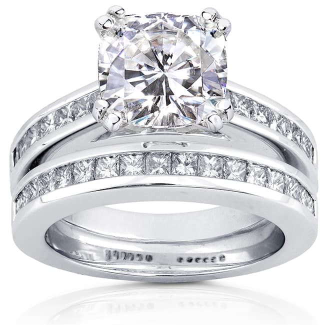 Kobelli 3 Carats Cushion Moissanite & Natural Diamond 14k Solid Gold Princess Channel Bands Half Eternity Cheryl 2pc Bridal Set