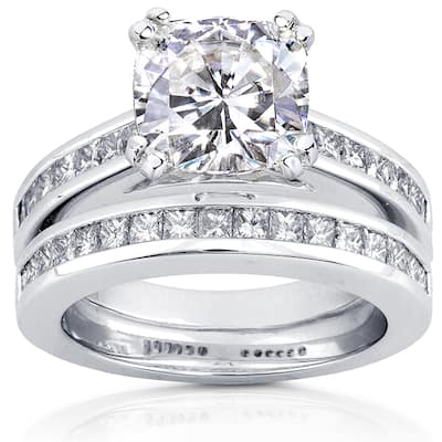 Kobelli 3 Carats Cushion Moissanite & Natural Diamond 14k Solid Gold Princess Channel Bands Half Eternity Cheryl 2pc Bridal Set