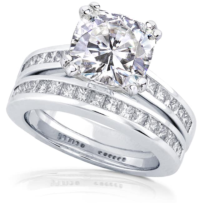 Kobelli 3 Carats Cushion Moissanite & Natural Diamond 14k Solid Gold Princess Channel Bands Half Eternity Cheryl 2pc Bridal Set