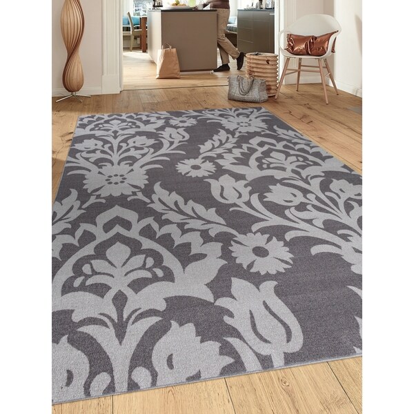 Modern Transitional Damask Grey Non-slip Non-skid Area Rug (7'10 x 10') - 7'10" x 10'