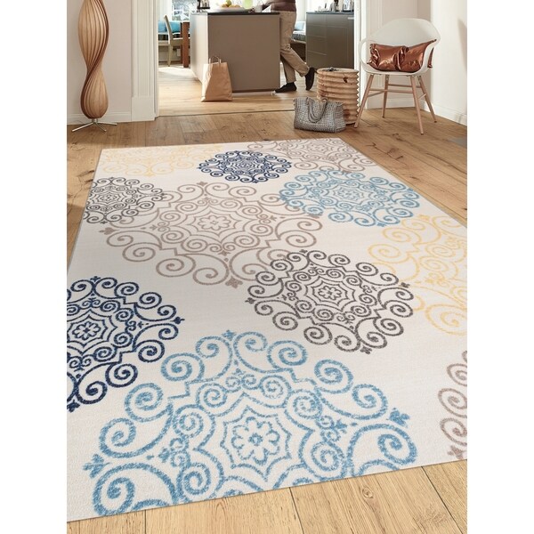 Modern Beige Multicolored Medallion Nonslip Area Rug (7'10x10') - 7'10" x 10'