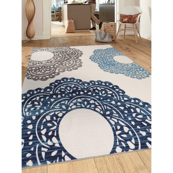 Blue Nylon Contemporary Large Floral Non-slip Non-skid Area Rug (7'10 x 10') - 7'10" x 10'