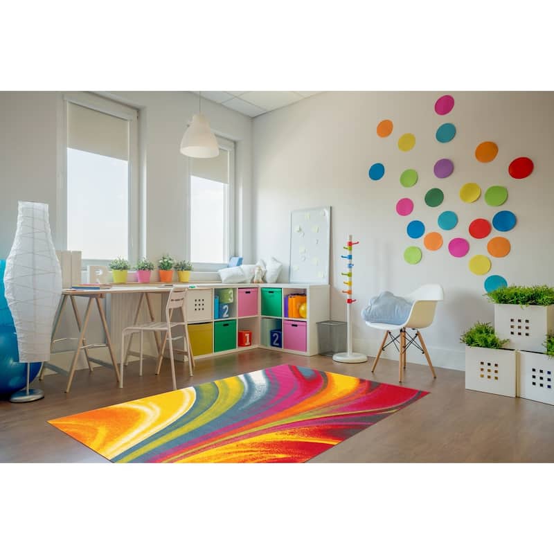 World Rug Gallery Modern Contemporary Waves Multicolored Non-slip Non-skid Area Rug