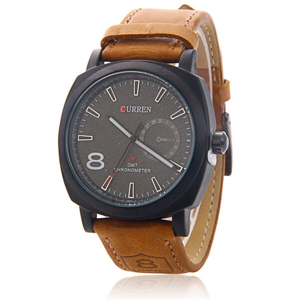 Men's Stainless Steel 8139 Black Dial and Leather Watchband Frosted Wrist Watch