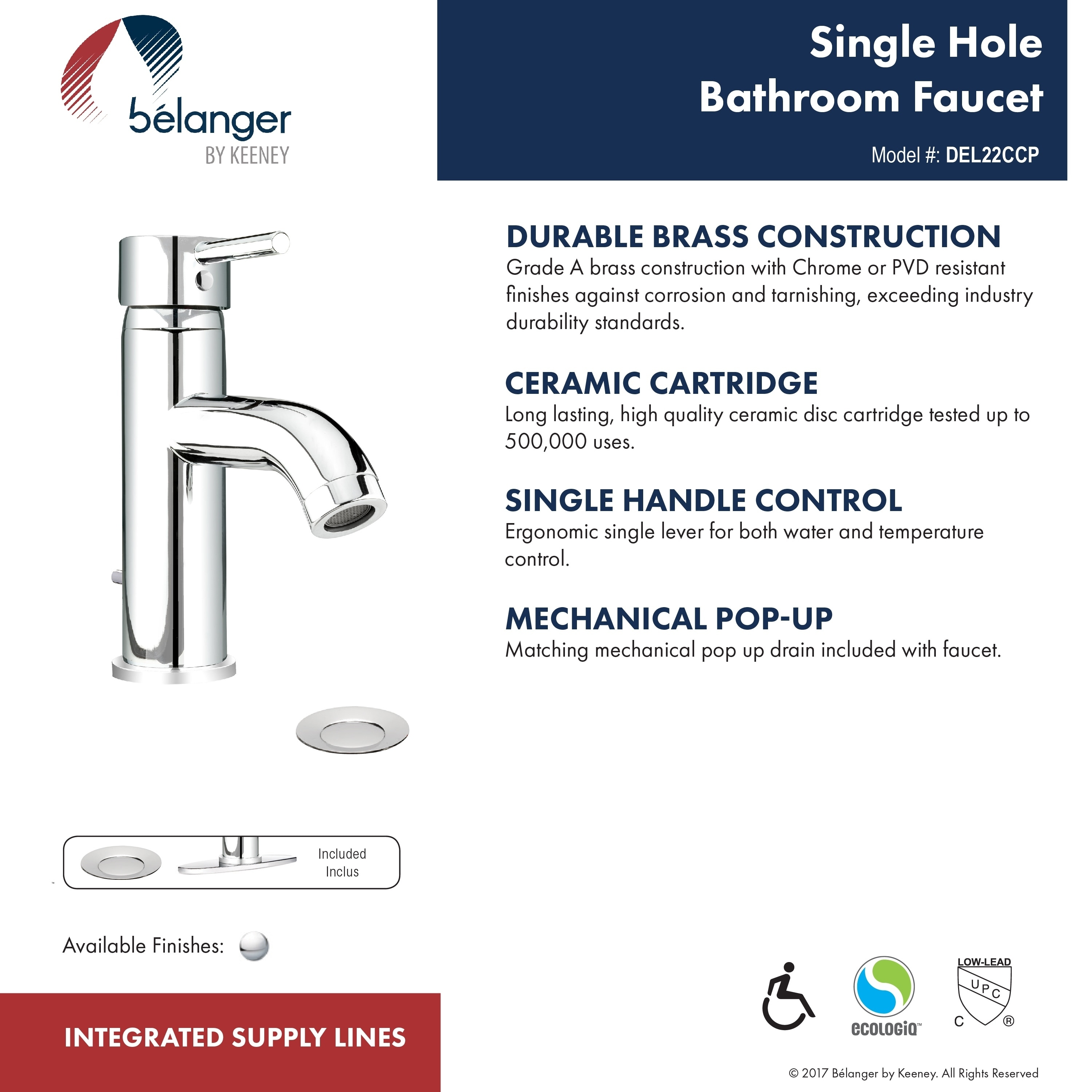 Single Hole and 4/" Centers Belanger DEL22CCP Bathroom Sink Faucet with 1-Handle