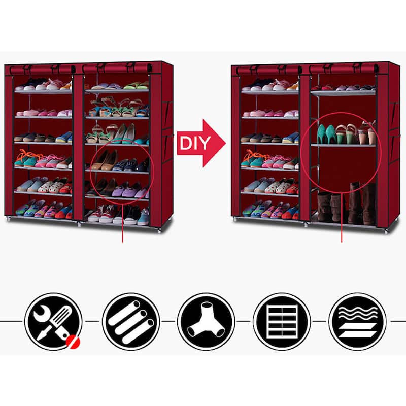 6-Row 2-Line 12 Lattices Wine Red Non-woven Fabric Shoe Rack