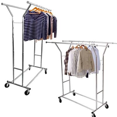 Portable Double-bar Steel Garment Rack Silver Clothes Drying Rack
