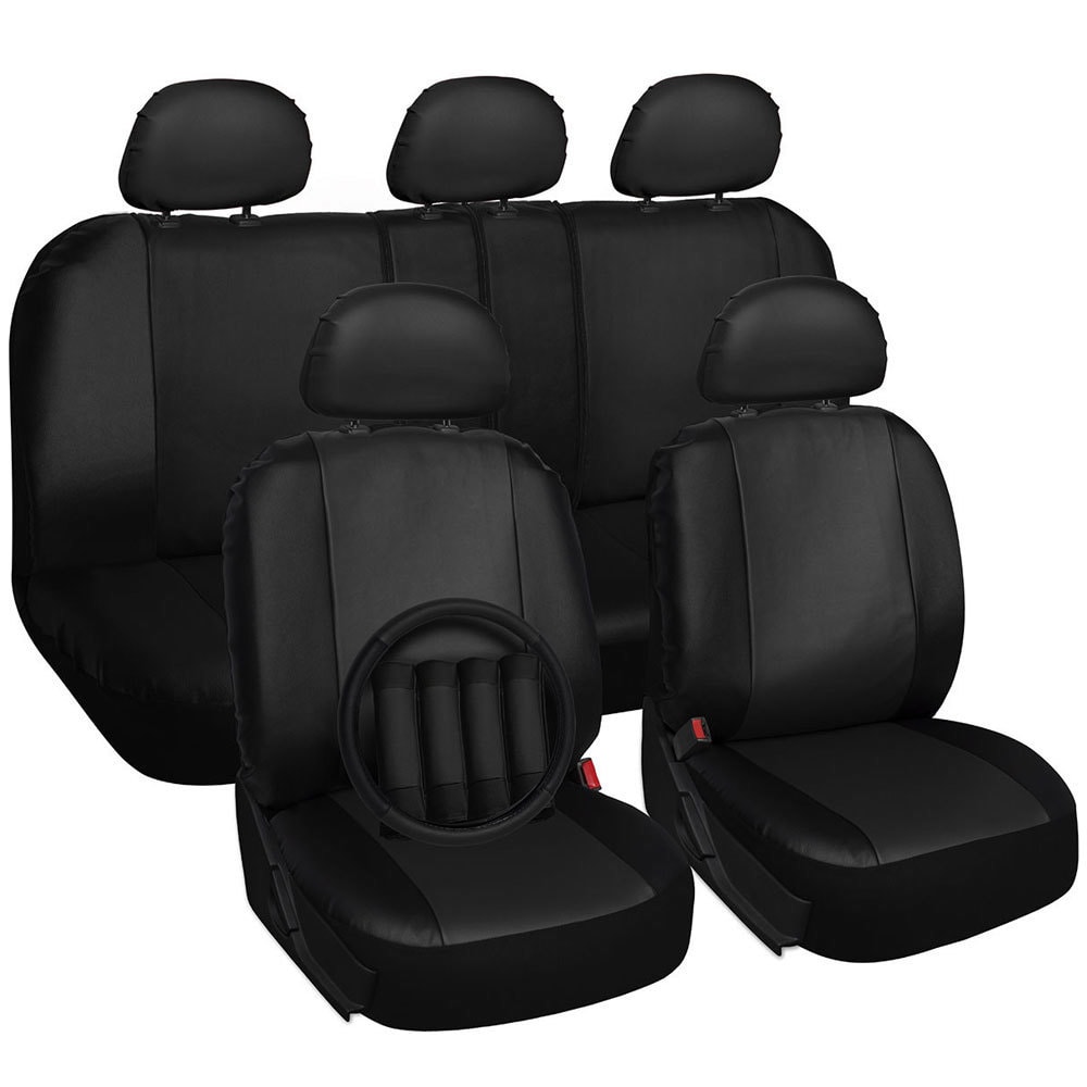 Universal Breathable PU Leather Two Front 6 Pieces Full Black Car Seat Cover Set