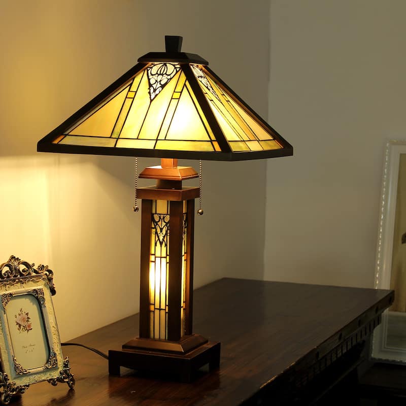 Tiffany Style Mission Design Double Lit 2+1-light Dark Walnut Table Lamp