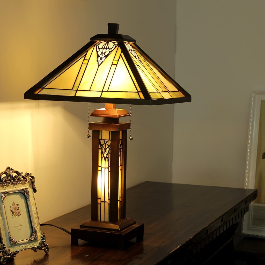 Tiffany Style Mission Design Double Lit 2+1-light Dark Walnut Table Lamp