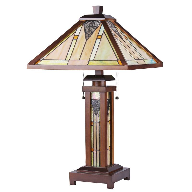 Tiffany Style Mission Design Double Lit 2+1-light Dark Walnut Table Lamp