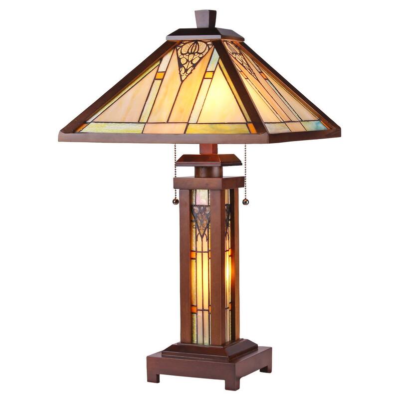 Tiffany Style Mission Design Double Lit 2+1-light Dark Walnut Table Lamp