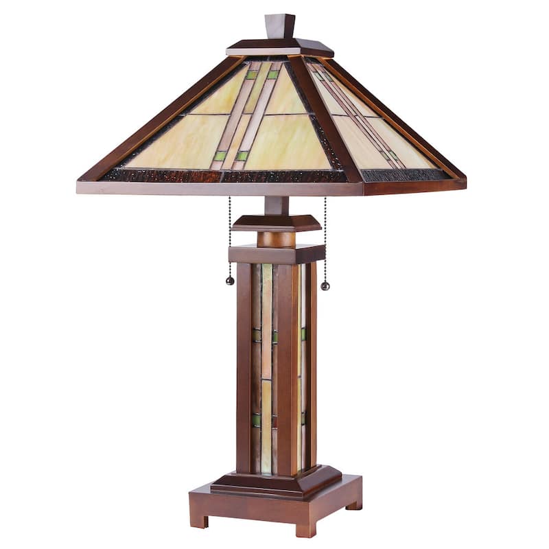 Tiffany Style Mission Design Double Lit 2+1-light Dark Walnut Table Lamp