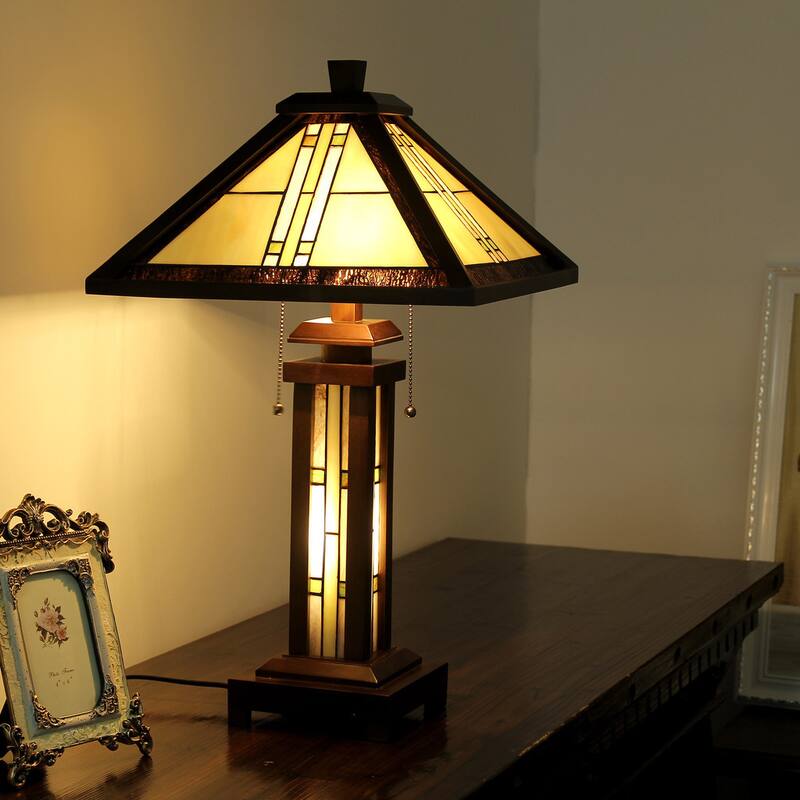 Tiffany Style Mission Design Double Lit 2+1-light Dark Walnut Table Lamp