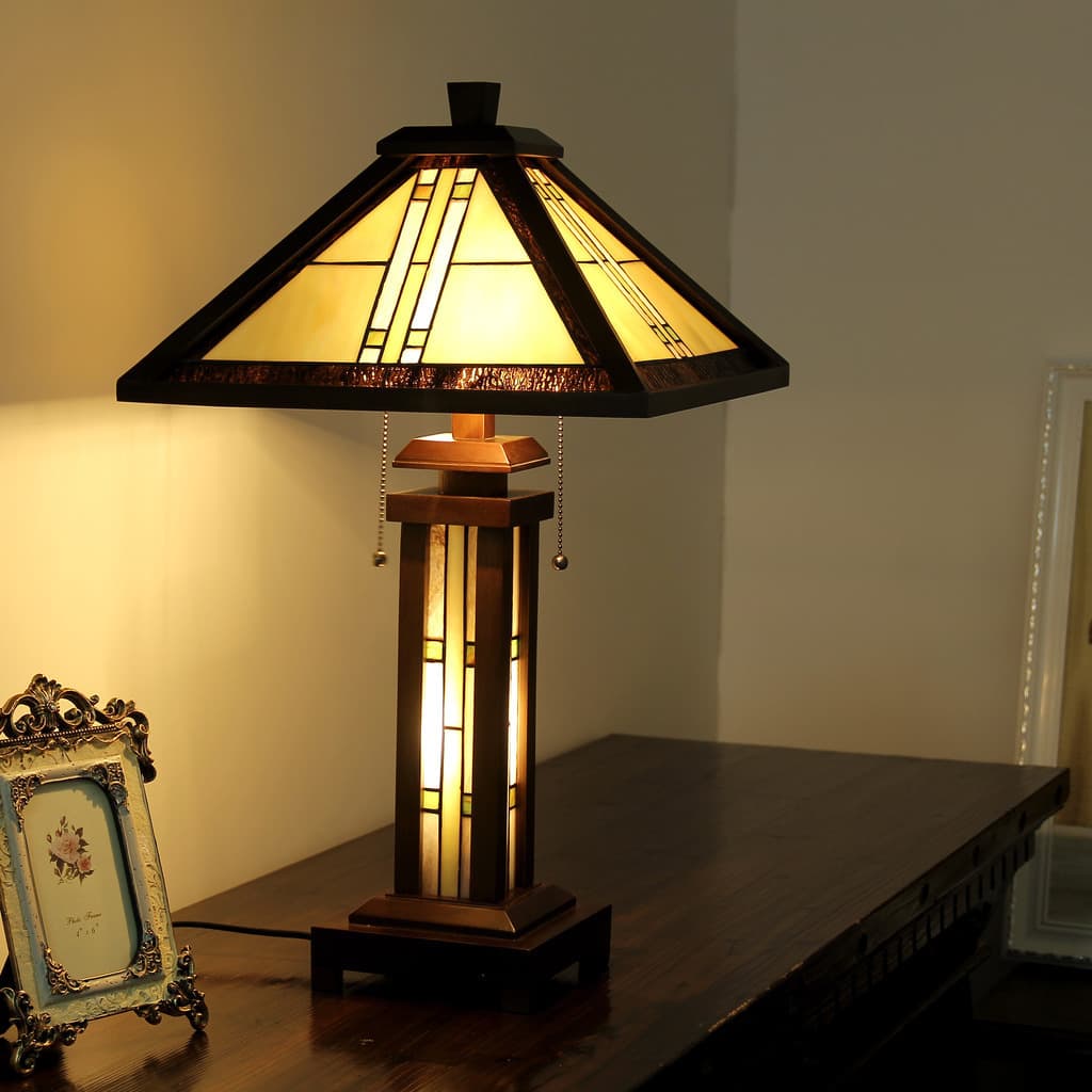 Tiffany Style Mission Design Double Lit 2+1-light Dark Walnut Table Lamp