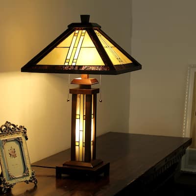 Tiffany Style Mission Design Double Lit 2+1-light Dark Walnut Table Lamp