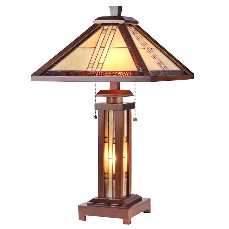 Tiffany Style Mission Design Double Lit 2+1-light Dark Walnut Table Lamp