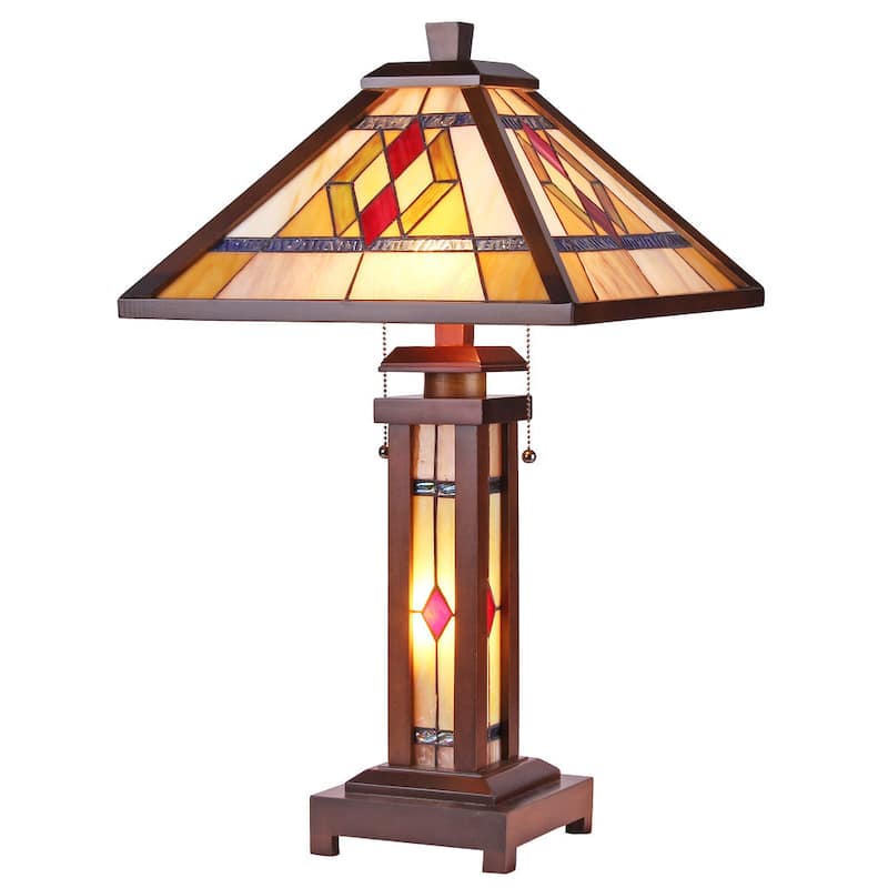 Tiffany Style Mission Design Double Lit 2+1-light Dark Walnut Table Lamp