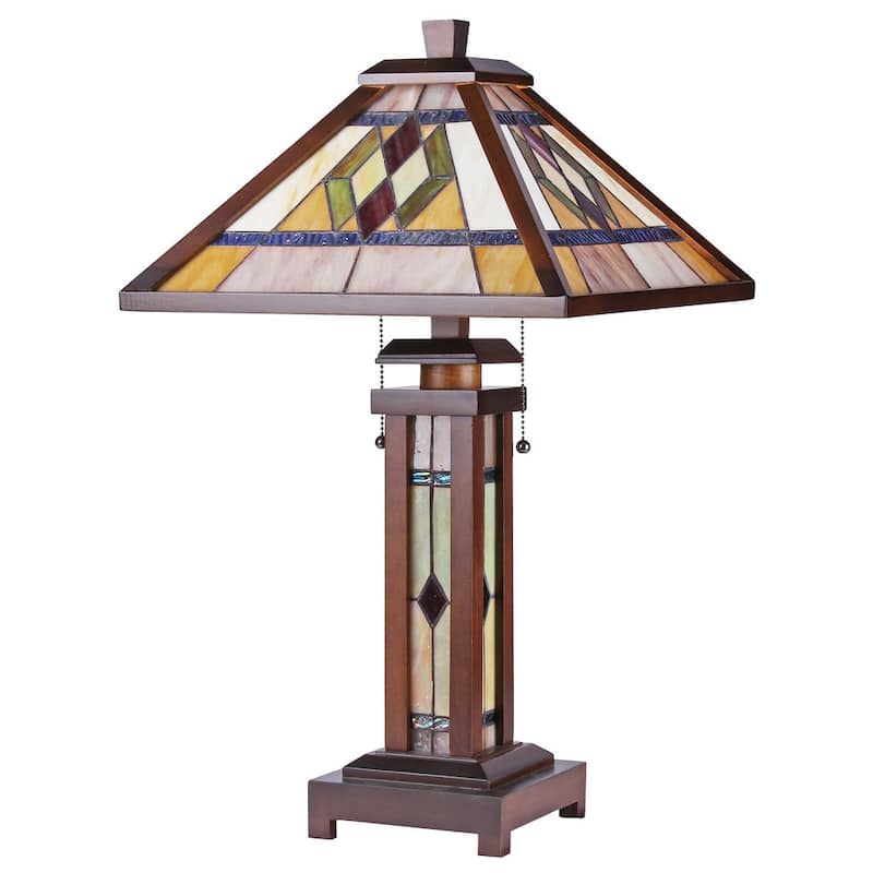 Tiffany Style Mission Design Double Lit 2+1-light Dark Walnut Table Lamp