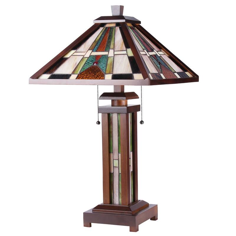 Tiffany Style Mission Design Double Lit 2+1-light Dark Walnut Table Lamp