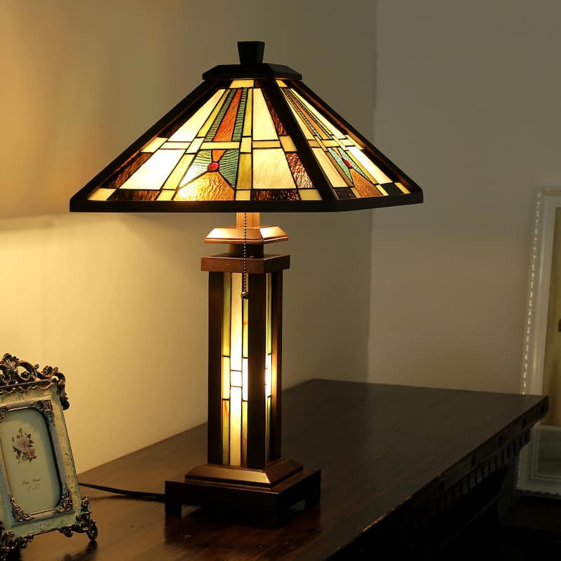 Tiffany Style Mission Design Double Lit 2+1-light Dark Walnut Table Lamp