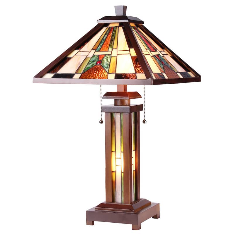 Tiffany Style Mission Design Double Lit 2+1-light Dark Walnut Table Lamp