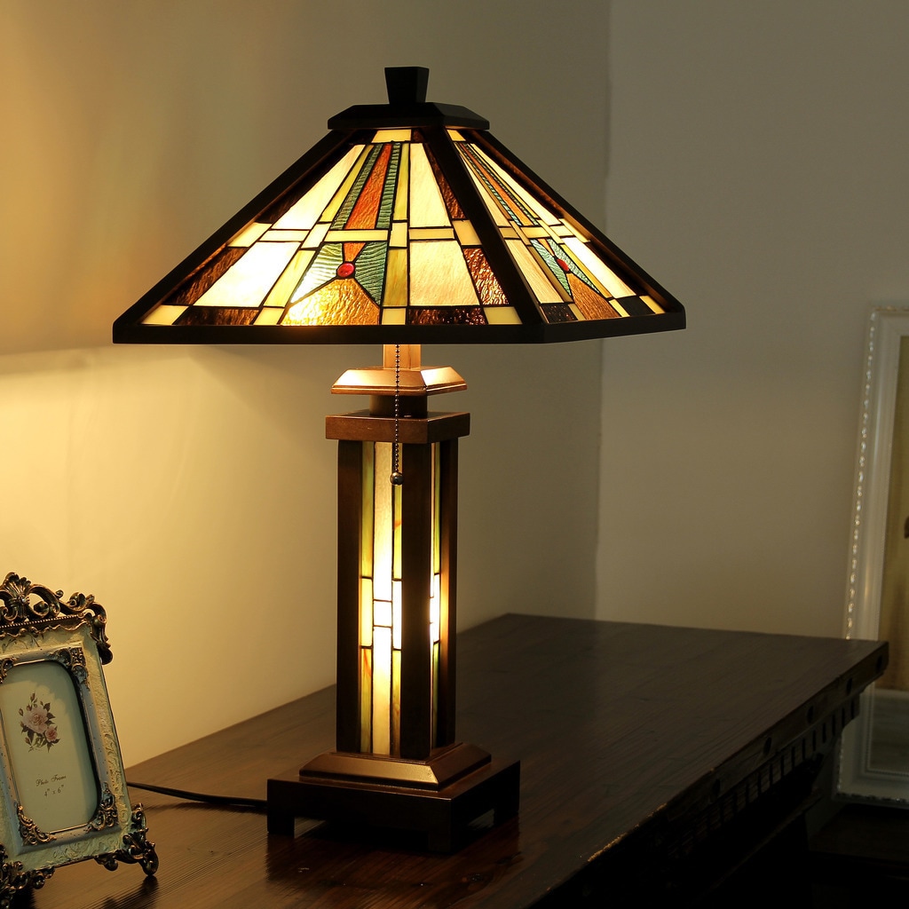 Tiffany Style Mission Design Double Lit 2+1-light Dark Walnut Table Lamp