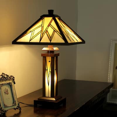 Tiffany Style Mission Design Double Lit 2+1-light Dark Walnut Table Lamp