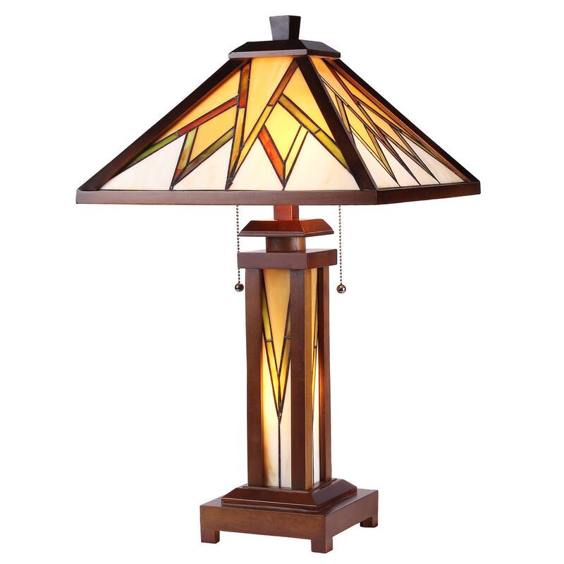Tiffany Style Mission Design Double Lit 2+1-light Dark Walnut Table Lamp