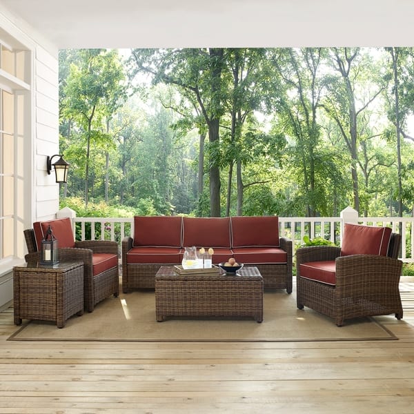 slide 2 of 7, Crosley Bradenton Outdoor Wicker 5-Piece Sofa Set with Sangria Cushions