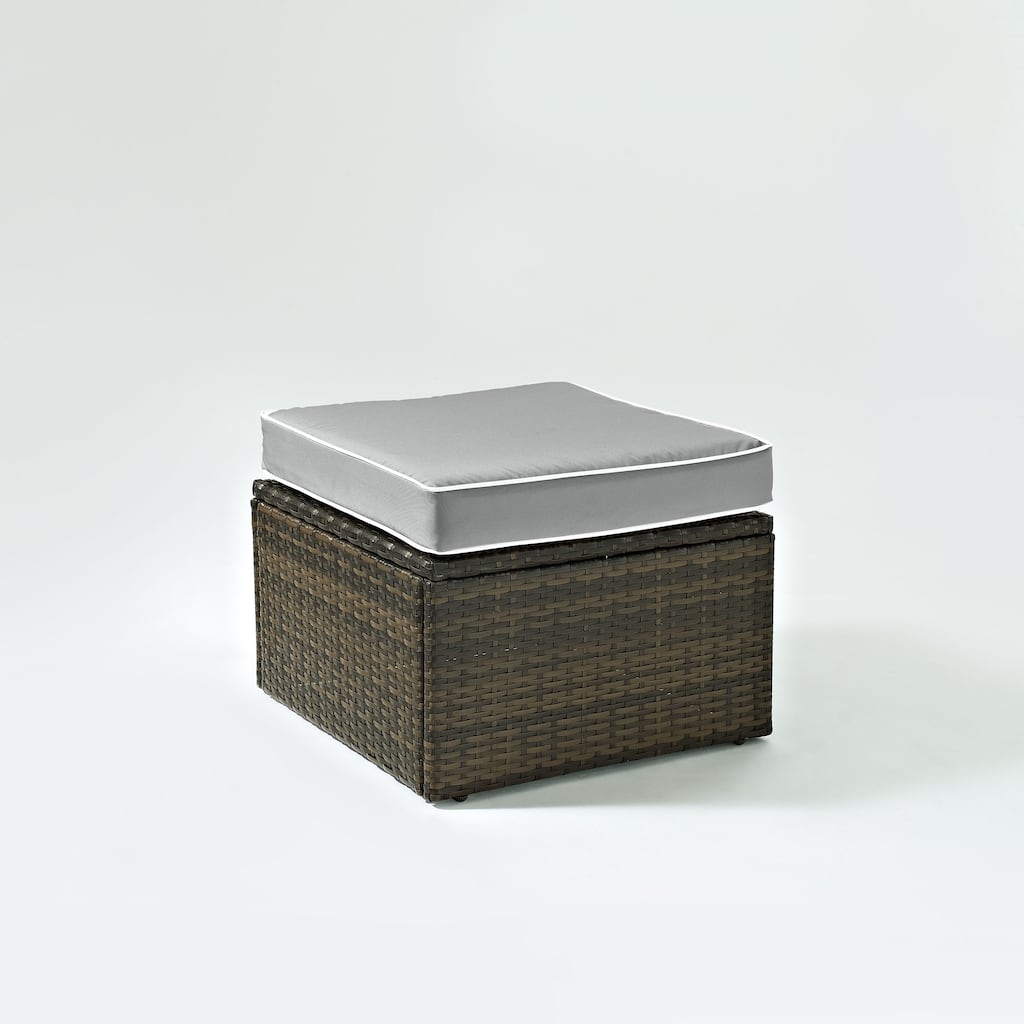 Palm Harbour Wicker Ottoman in Brown with Gray Cushions